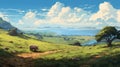 Dreamlike Anime Art: Small Ox On Hill With Impressive Coastal Scenery