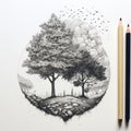 Dreamlike Black And White Pencil Drawings Of Trees In Circular Circle