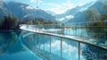 A dreamlike bridge made entirely of glass panes stretches over a serene lake offering a transparent path for travelers