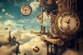 A dreamlike clockwork city where time runs in reverse, with floating gears, surreal architecture,