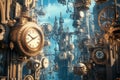 A dreamlike clockwork city where time runs in reverse, with floating gears, surreal architecture,