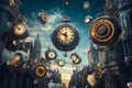 A dreamlike clockwork city where time runs in reverse, with floating gears, surreal architecture,