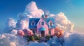 Dreamlike Cottage Surrounded by Clouds and Blossoms Royalty Free Stock Photo