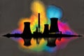 A dreamlike digital oil painting featuring a neon-lit nuclear power station, generative ai