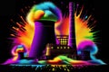 A dreamlike digital oil painting featuring a neon-lit nuclear power station, generative ai