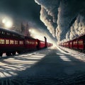 dreamlike dramatic render of the polar express entering the north pole factory village from a first person perspective within a