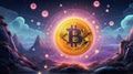 Dreamlike, ethereal depiction of the Bitcoin ecosystem. Blockchain network, cryptocurrency exchange concept