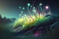 Dreamlike Fantasy World: Neon Sparkling Grass Illustration, generative ai