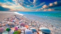 A dreamlike glass beach scene featuring vibrant, colorful stones, meticulously rendered in photo-realistic techniques