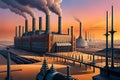 Dreamlike Haze Surrounding a Massive Factory at Sunset with Generative AI