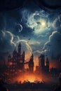 Dreamlike illustration of a burning castle and dramatic night sky
