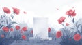 A dreamlike illustration of a misty garden with red poppies swirling around a mysterious door, hinting at a hidden world