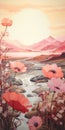 Dreamlike Illustration Of Poppy Fields And River: Native American And First Nations Art