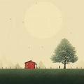 Dreamlike Illustration Of A Red Barn With Two Kites