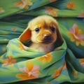 Dreamlike Illustration Of A Tan And Yellow Puppy On Luxurious Drapery
