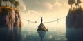 A dreamlike image of a person walking on a tightrope between two floating islands, conveying the balance between risk