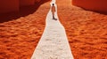 Dreamlike Installation: A Man Walking On An Orange Path