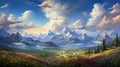 A dreamlike landscape of clouds and mountains, with a surreal quality.