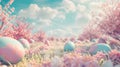 A dreamlike landscape filled with pastel-colored Easter eggs nestled among blooming cherry blossoms under a soft blue sky, evoking