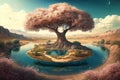 Dreamlike landscape with a massive tree at its center, surrounded by a river and fields of flowers illustration generative ai Royalty Free Stock Photo