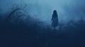 Dreamlike Nightmare: Woman Walking Through Indigo Fog