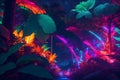 A dreamlike oasis of neon-colored plants, illuminated by a dazzling array of glowing lights generated by Ai