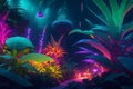 A dreamlike oasis of neon-colored plants, illuminated by a dazzling array of glowing lights generated by Ai