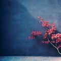 Dreamlike Oriental Minimalism: Vibrant Pink Flower Against Blue Wall Royalty Free Stock Photo