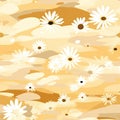 Dreamlike pattern of brown and white daisies on yellow (tiled)