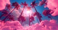 Dreamlike pink clouds and palm silhouettes against a radiant sky