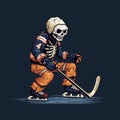 Dreamlike Pixel Art: Skeleton Playing Hockey In Dark Indigo And Orange