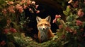 A Dreamlike Portrait Of A Fox In A Tunnel Of Flowers Royalty Free Stock Photo