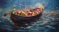 Dreamlike Realism: Flower Painting Of A Gondola Struggling In The Baltic Sea