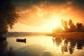 dreamlike scene of beautiful sunset over a peaceful lake Royalty Free Stock Photo