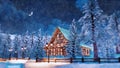 Alpine house at snowy winter night in watercolor