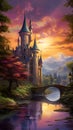 dreamlike scene featuring a fantasy castle set within a great landscape and illuminated by magical lighting.