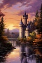 dreamlike scene featuring a fantasy castle set within a great landscape and illuminated by magical lighting.