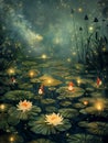 A dreamlike scene of gnomes floating on lily pads in a moonlit pond