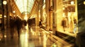 A dreamlike scene of luxury shopping with blurred reflections of opulent storefronts and hushed conversations echoing