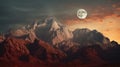 A dreamlike scene of a moonrise and mountains