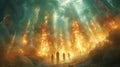A dreamlike scene shows a group of spectral beings dancing a pillars of light symbolizing the intangible nature of the