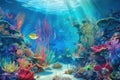 dreamlike scene with a surrealistic underwater landscape, filled with colorful aquatic life Royalty Free Stock Photo