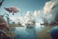 dreamlike scene with surrealistic view, featuring floating objects and strange creatures