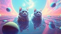 Dreamlike Scene of Two Identical Cats with Planets and Spheres - Concept of Parallel Universes - AI Generated Royalty Free Stock Photo