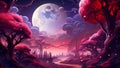 A dreamlike scene with vibrant twisted pink and purple trees under a large oversized moon set in a fantastical mysterious and