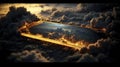 Dreamlike scenes reflected in a glowing ruler amidst clouds digital art surreal environment atmospheric view