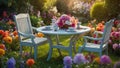 a beautiful garden a chair with a table, a white tablecloth lies on the table, all enveloped in a profusion of vibrant flowers Royalty Free Stock Photo