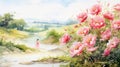 Dreamlike Watercolor Paintings Of A Girl And Pink Flowers