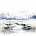 Dreamlike Watercolor Sketch Of Snowy Mountains Near A River Royalty Free Stock Photo