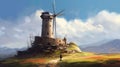Dreamlike Wind Power: Concept Art Of An Old Windmill